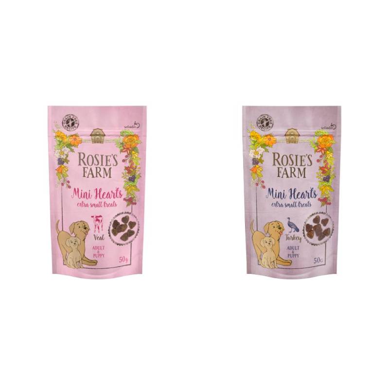 Rosie's Farm Snacks Probierpaket - 2 x 50 g Mini Hearts Puppy & Adult (Truthahn & Kalb) von Rosie's Farm