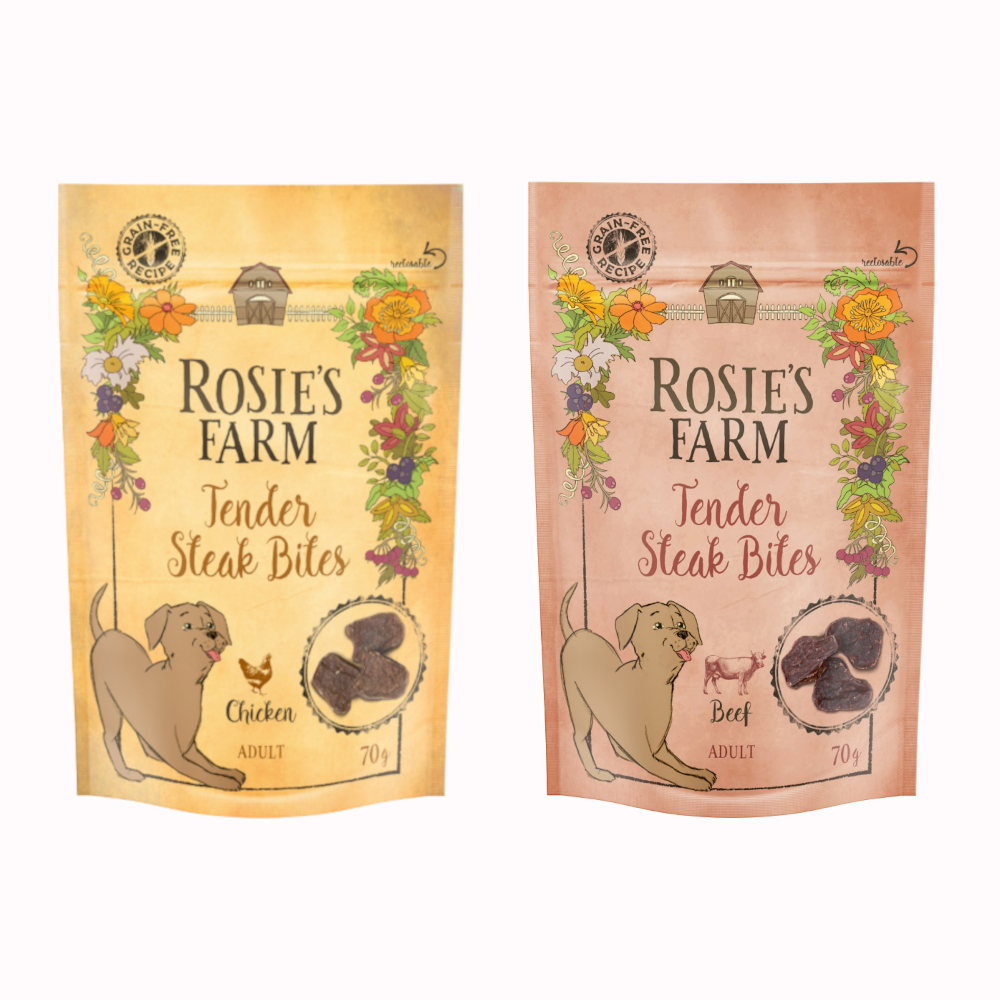 Rosie's Farm Snacks Probierpaket - 2 x 70 g Tender Steak Bites Adult (2 Sorten) von Rosie's Farm