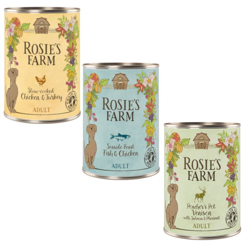 Sparpaket Rosie's Farm Adult 24 x 400 g  - Mix 2 (Huhn & Truthahn, Fisch & Huhn, Wild & Fasan) von Rosie's Farm