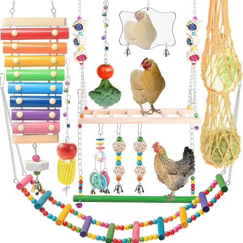 Hühnerspielzeug für den Stall, 12 Stück, Hühneranreicherungsspielzeug für Hühner, Vogel, inklusive Xylophon, Schaukel-Set, Spiegelspielzeug, flexible Leiter, Gemüseschnurbeutel und Futterspender zum Hühnerspielzeug für den Stall, 12 Stück, Hühneranreicherungsspielzeug für Hühner, Vogel, inklusive Xylophon, Schaukel-Set, Spiegelspielzeug, flexible Leiter, Gemüseschnurbeutel und Futterspender zum von Rosvola