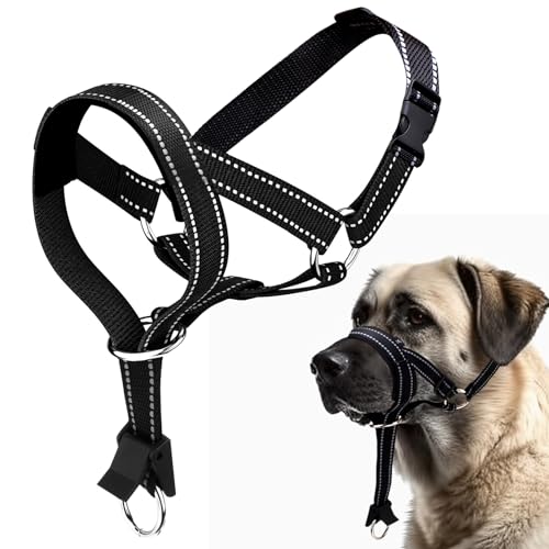 Hundehalfter, Anti-Zug Hundehalsband, verstellbare reflektierende Hunde Maulkörbe, kein Ziehen, Mundgeschirr mit Trainingsleine, L (Schwarz) von Rosvola