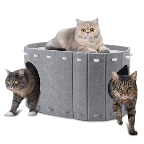 Katzenhaus für Indoor-Katzen, Doppelschichtige Katzenbetthöhle, großer Raum Katze geschlossenes Bett für Zuhause, einfache Montage (Grau, Groß) von Rosvola