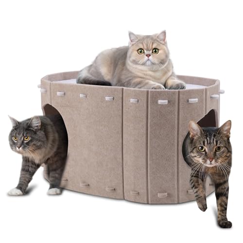 Katzenhaus für Indoor-Katzen, Doppelschichtige Katzenbetthöhle, großer Raum Katze geschlossenes Bett für Zuhause, einfache Montage (Khaki, Groß) von Rosvola