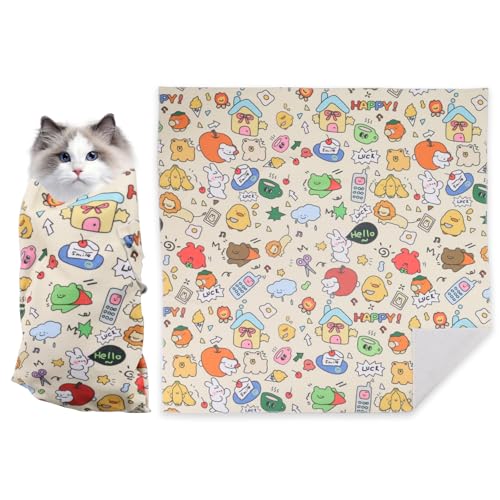 Katzenwickel zum Schneiden von Nägeln, weich, Burrito, Katzen-Wickeltuch, Stoff, Haustierpflege, selbstklebende Rückhaltetuch, Decke für beruhigende Trimmpflege (bis zu 5 kg), 69,8 x 69,8 cm von Roucerlin