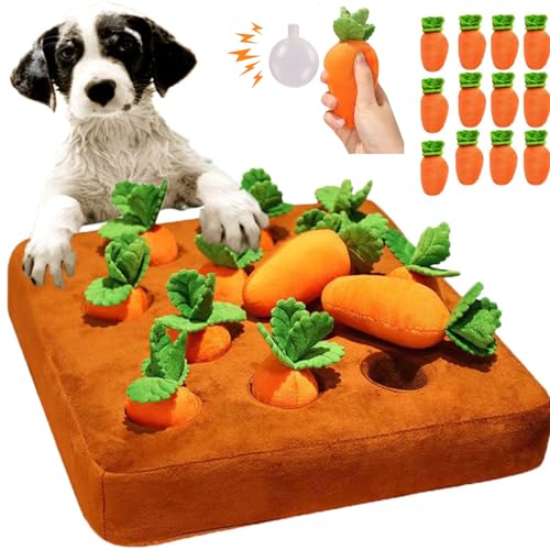 Rouecolli 12 quietschende Karotten und Bereicherung Hunde-Puzzle-Spielzeuge, 33 x 33 cm, interaktive Schnüffelmatte für geistige Stimulation, Verstecken und Suchen von Karottenfarm, perfektes von Rouecolli