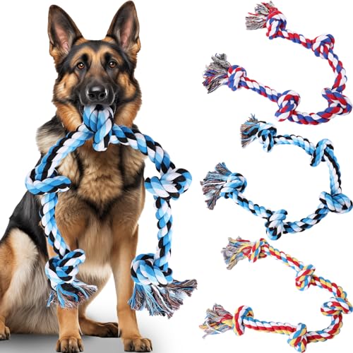 RoundFunny Hundespielzeug aus Seil für aggressive Kauer, 91 cm, 5 Knoten, robustes gedrehtes Kauseil aus Baumwolle, Kauspielzeug für große und mittelgroße Hunde zur Zahnreinigung von Zerren, 3 Stück von RoundFunny