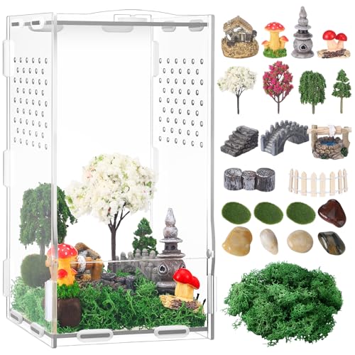 RoundFunny Springende Spinnengehege und Lebensraum-Miniatur-Figuren-Set, transparentes Acrylgehäuse, Mini-Springspinne, Zubehör für Lebensraum, Dekorationen, Gartenfiguren (ewige Blumen) von RoundFunny