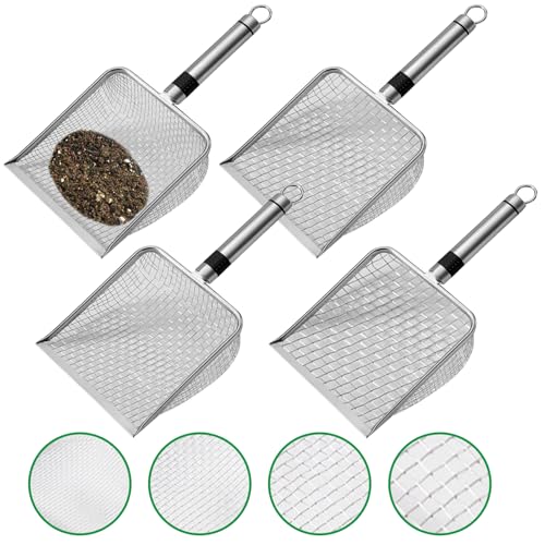 4 Stück Gartenerdesieb Kompostsieb in 4 Größen (2/2.8/3.8/5mm Masche), Sandsieb Erde - Kompostsieb mit Griff, Katzenstreuschaufel, Gartensieb aus Edelstahl, für Sand Steine Erde Kompost Reiniger von Rouzin