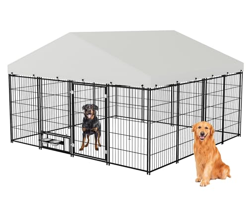 Rovibek 10x10FT Hundehütte außen, Hundehütten Outdoor mit 2 höhenverstellbaren drehbaren Futternäpfen, Hundegehege Outdoor, Hundehütte mit Dach, Außenhütte für große Hunde von Rovibek