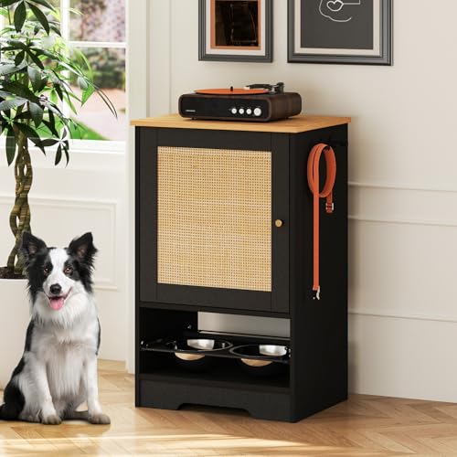 Rovibek Hundefutter Aufbewahrungsschrank mit 2 Edelstahlnäpfen, Hundefutterschrank Futterstation mit 3 Seitenhaken, Haustier Futterstation für 2 Hunde, Schwarz von Rovibek