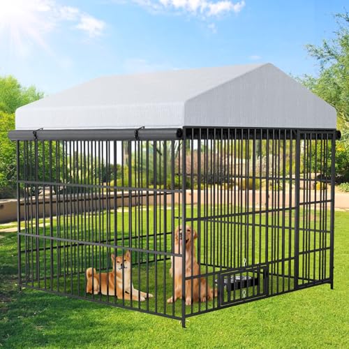 Rovibek Hundehütte Außen, Hundehütte Outdoor mit Dach, Großer Outdoor Hunde-Laufstall mit 2 drehbaren Näpfen, Hundeauslauf Gehege mit Sonnenfeste Abdeckung für Große Hunde, Hunde Rovibek Hundehütte Außen, Hundehütte Outdoor mit Dach, Großer Outdoor Hunde-Laufstall mit 2 drehbaren Näpfen, Hundeauslauf Gehege mit Sonnenfeste Abdeckung für Große Hunde, Hunde von Rovibek