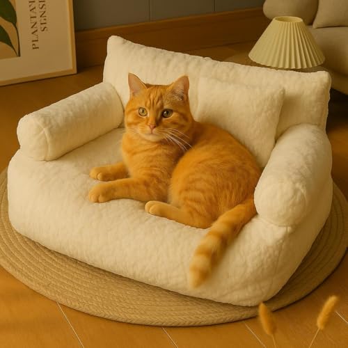 Roxlin Katzenbett kleines Hundesofa Flauschig und waschbar Katzensofa Hundebett für Katzen, weich Katzenbett katzencouch mit Rutschfester Unterseite (Weiß, L) von Roxlin