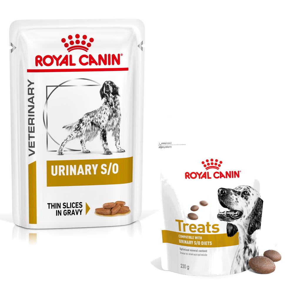 Royal Canin Veterinary Canine Urinary + 3 x 230 g Snacks gratis! - 12 x 100 g S/O in Soße von Royal Canin Veterinary Diet