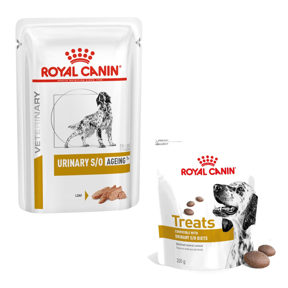 Royal Canin Veterinary Canine Urinary + 3 x 230 g Snacks gratis! - 12 x 85 g S/O Ageing 7+ Mousse von Royal Canin Veterinary Diet