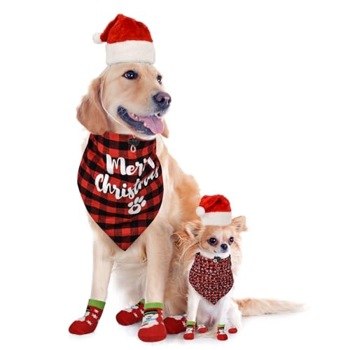 Royal Pets USA Perfekte Weihnachtskleidung, passendes Outfit für Hunde und Katzen, einschließlich Hüte, Bandana und Sets von Anti-Rutsch-Socken für kleine, mittlere, große und große Rassen. (S, Merry von Royal Pets USA