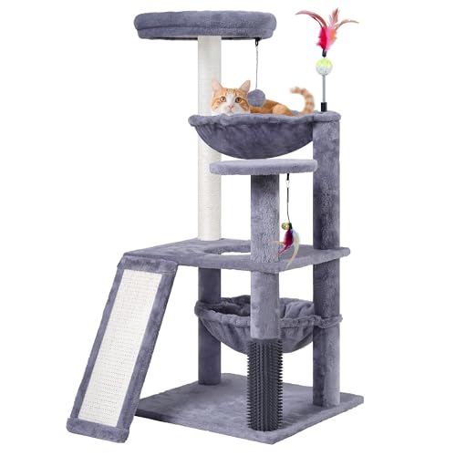 ROYPET Mehrstufiger Kratzbaum für Indoor-Katzen, Katzenbaum Turm mit Großkatzen-Hängematte und Selbstpflegebürste, Katzenturm mit Kratzleiter, Indoor-Spielbaumturm für Katzen mit Kratzstämmen, Grau von Roypet