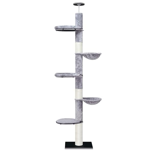 ROYPET Verstellbarer hoher Katzenkletterbaum, vom Boden bis zur Decke, Kletterspielzeug mit hängender Hängematte und Kratzbäumen, Katzenmöbel, Grau von Roypet