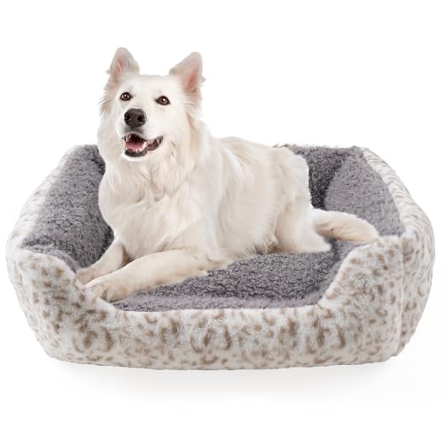 Roypet Weiches Hundebett, Anti-Angst-Welpen-Kuschelbett für Welpen, Hunde und Katzen, rechteckiges, waschbares Bett, Leopardenmuster, mit Matratze, Grau, Größe L Roypet Weiches Hundebett, Anti-Angst-Welpen-Kuschelbett für Welpen, Hunde und Katzen, rechteckiges, waschbares Bett, Leopardenmuster, mit Matratze, Grau, Größe L von Roypet