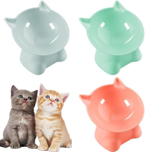 Roysmart 3 Stück Futternapf Katze, Katzennapf, Katzennapf Erhöht Fressnapf Katze mit 15° Neigung Design, Anti Erbrechen Fressnapf Katze Wasser Fütterung Schüssel für Katzen (Rosa, Grau und Grün) von Roysmart