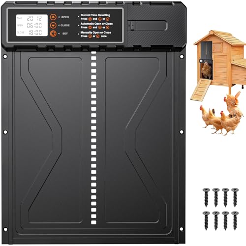 Rsaoty Automatische Hühnerklappe, Upgrade-Größe Automatische Hühnerklappe Batterie, Aluminiumlegierung Hühnertür mit Display, Intelligenter Einklemmschutz,Timer, Manuelle,für Sichere Hühnerhaltung von Rsaoty
