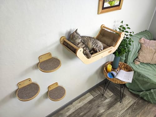 RshPets® An der Wand Montiertes Katzenmöbel-Set: Bett und 3 Stufen, Katzenbett, Modernes Katzen-Wandregal-Möbelset zum Schlafen, Spielen, Klettern und Entspannen. (Helle Farbe) von RshPets