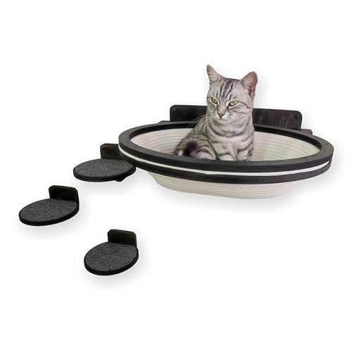 RshPets® Geflochtenes Katzen Hängematte und 3 Stufen - Katzen Wandelemente - Katzenhängematte - An der Wand montiertes Katzenmöbel - Katzenbett Wand - Katzen Kletterwand Set (Dunkle Farbe) von RshPets