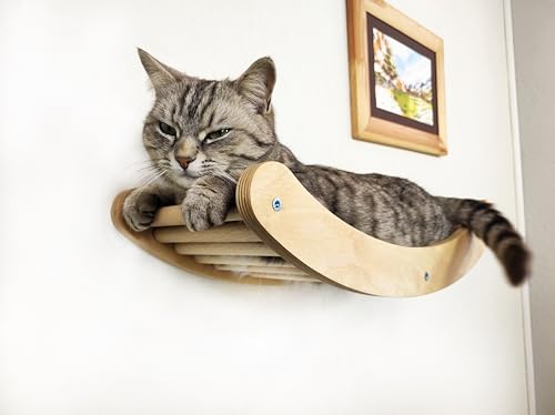RshPets® Katzentreppe Wand Welle - Holzregal für Katzen - Kletterwand Set - Wandmontierte Katzenmöbel - Katzenbett - Hängematte (Helle Farbe) von RshPets