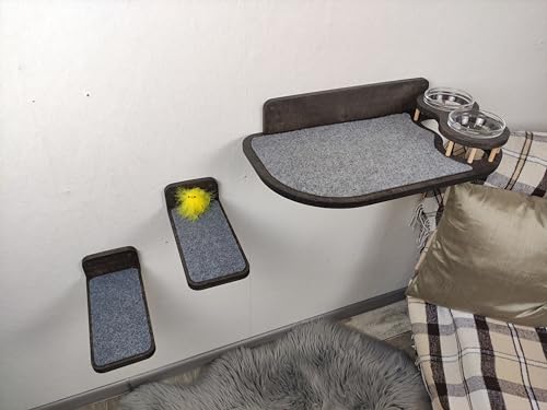 RshPets® Kletterwand Katzen - Katzenregal und 2 Stufen Set XXL - Katzenfutter Regale - Wandmontierter Katzenfutter - Futterspender für Katzen - Wandmontierte Katzenmöbel (Dunkle Farbe, Rechte Seite) von RshPets