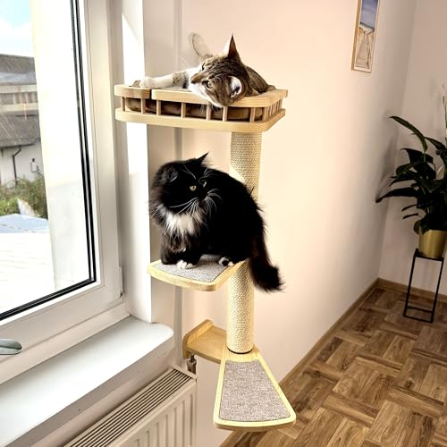 RshPets® Kratzbaum Wand - Fenster Katzenhängematte - Kletterwand Katzen - Katzentreppe Wandmontage - Wandkratzbaum für Katze (Helle Farbe, Rechte Seite) von RshPets