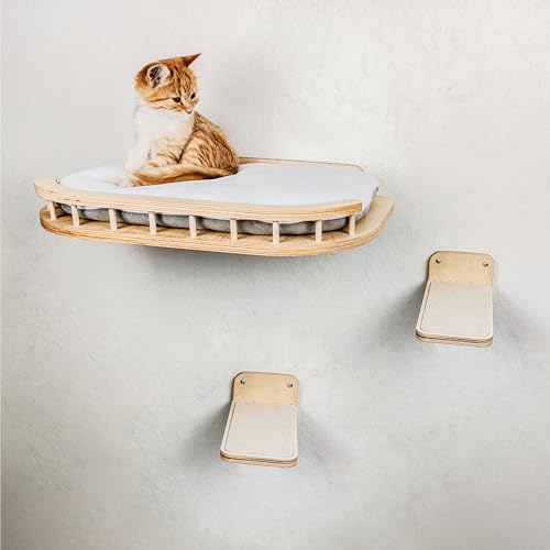 RshPets® Wandmontiertes Katzenmöbel Set: Katzenbett und 2 Stufen - Kletterwand Katzen - Hängematte für Katzen - Katzenregal - Katzenhängematte - Katzentreppe - Katzen Wandelemente (Helle Farbe) von RshPets