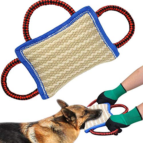 Rsmmpqa Hundetraining Beißkissen Jute Leinen Training Welpen Interaktives Zerrspielzeug mit 3 Nylon-Griffen von Rsmmpqa