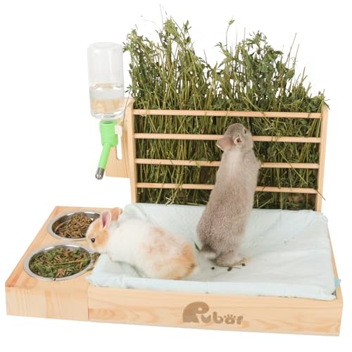 Rubor Kaninchen-Heu-Futterstation mit Katzentoilette, 4-in-1 Holz-Futterstation für Hasen und Meerschweinchen, Kleintiere, Heuraufe, Wasserflasche, Katzentoilette und 2 Schalen mit 5 Urin-Pads von Rubor