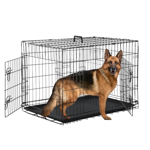 Hundebox für große Hunde, Hundehütte, Haustierkäfig für große Hunde, zusammenklappbar, Metall, Doppeltür, auslaufsicher, Kunststoffschale, Draht, Tierkäfig, Haustierhütte für drinnen und draußen, Hundebox für große Hunde, Hundehütte, Haustierkäfig für große Hunde, zusammenklappbar, Metall, Doppeltür, auslaufsicher, Kunststoffschale, Draht, Tierkäfig, Haustierhütte für drinnen und draußen, von Ruesleag