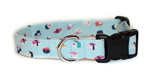 Sushi Blue Food Designer Hundehalsband, Baumwolle, verstellbar, handgefertigt, Stoffhalsbänder (S) von Ruff Roxy