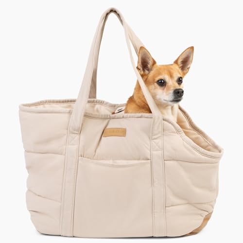 NoblePup Haustier-Tragetasche, gemütlich, Plüsch, sicherer Gurtclip, leichtes Tragetaschen-Design für kleine Hunde und Welpen, cremefarben von RuffLife
