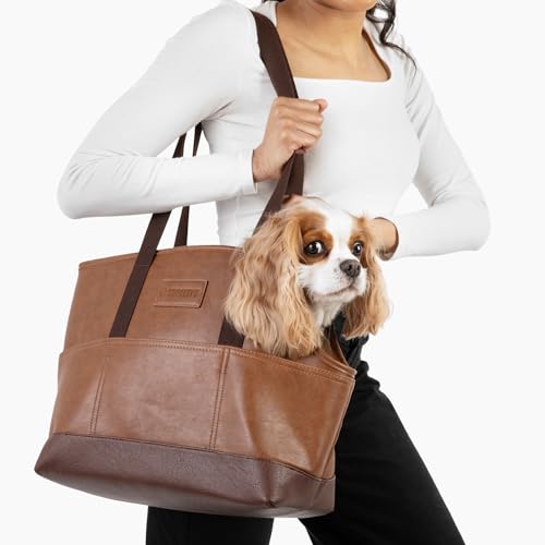 NoblePup Luxuriöse Hundetasche – braune Kunstleder-Haustier-Tragetasche, sicherer Geschirr-Clip, Tragetasche für kleine Hunde und Welpen von RuffLife