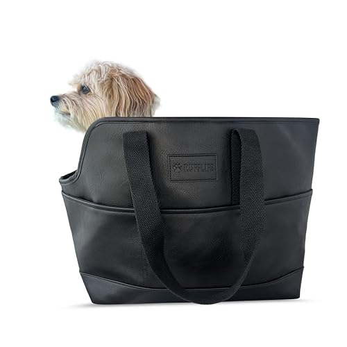 RUFFLIFE Luxuriöse Tragetasche aus veganem Leder mit Komfortkissen und mehreren Taschen – ergonomische Haustier-Reisetasche für kleine Hunde und Welpen (schwarz) von RuffLife