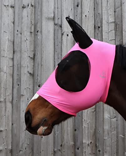 Ruggles Lycra-Fliegenmaske zum Überziehen für Pferd und Pony, Netz-Augen und Ohren, 4-Wege-Stretch für hohen Komfort, keine Schnallen oder Riemen, Größe M, Hellrosa von Ruggles