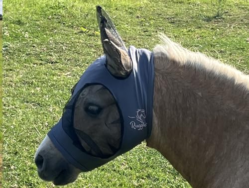 Ruggles Shetland Fliegenmaske zum Überziehen mit Ohren, Stretch-Lycra, Augenschutz für Pferde und Ponys, Standard-Shetty- und X-Mini-Größen (Grau, X-Mini) von Ruggles