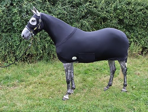 Ruggles Wasserabweisender Lycra-Body für Pferd und Pony, abnehmbare Schwanzärmel, dehnbar unter dem Teppich, hält Pferd/Pony vor Shows, Reisen oder im Stall sauber (XS ohne Ohren, schwarz) von Ruggles
