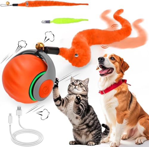 Katzenspielzeug, interaktives Katzenspielzeug, Katzenspielzeug im Inneren, mit flauschigem Schwanz, automatischer Rollball für Katzen und Hunde, USB-Ladegerät (rot) von RuiDay