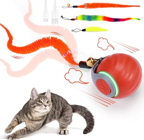 Katzenspielzeug, interaktives Katzenspielzeug, Katzenspielzeug im Inneren, mit flauschigem Schwanz, automatischer Rollball für Katzen und Hunde, USB-Ladegerät (rot) von RuiDay