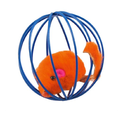 Ruilogod Katze Kätzchen lustig spielt Spielzeug gefälschte orange rote Maus in der blauen Käfigkugel von Ruilogod