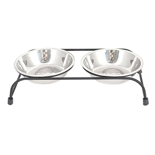 Ruilogod Metall Haushalt Puppy Pet Food Water Container Bowl Zahnstangen-Halter-Satz-Schwarz-Silber-Ton Ruilogod Metall Haushalt Puppy Pet Food Water Container Bowl Zahnstangen-Halter-Satz-Schwarz-Silber-Ton von Ruilogod