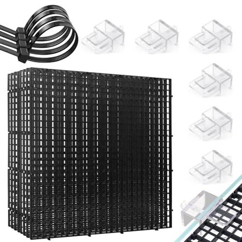 Ruioomeep Aquarium-Anti-Sprung-Set, 8 Stück Kunststoffgitter(30x30 cm) mit 6 Halterungen und 20 Kabelbindern,Aquarienabdeckung,Aquariumteiler für Bodenschutz und Aquascaping-Unterstützung (Schwarz) von Ruioomeep