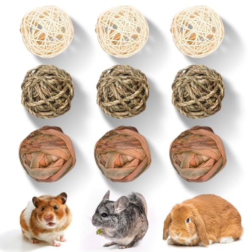 Ruioomeep Kaubälle,9 Stück Kaninchen Spielzeug,Hasen Kauspielzeug,Hamster Kleintiere Kauspielzeug,Natürliche Bälle Leckereien geflochten Strohhalm lustiges Spielzeug für Kleintiere von Ruioomeep