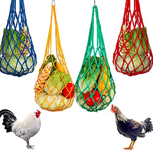 Ruiqas Hühner-Futterstation zum Aufhängen, 4 Stück, für Gemüse, Futternetz, Beutel für Leckerli-Fütterung mit Haken für Hahn, Henne und Vögel von Ruiqas