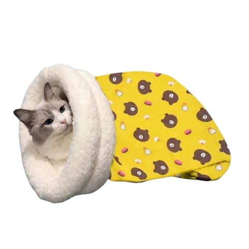 Katzenschlafsack, Schlafsack Für Katzen, Cat Bed Cave, Self Warming Cat Bed, Cute Cat Sleeping Bag for Indoor Cats, 360° Halbgeschlossene Schlafmatte für Haustiere, Yellow, L(54 * 45cm) von Ruiyete