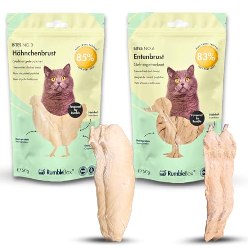 RumbleBox Sparbox 100% Hühner- & Entenbrust Gefriergetrocknete Katzensnacks, Monoprotein Leckerlis ohne Getreide und Zucker für Allergiker, NUR 1 ZUTATEN (2x50g) von RumbleBox