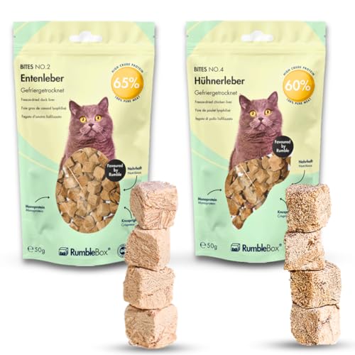 RumbleBox Sparbox 100% Hühner- & Entenleber Gefriergetrocknete Katzensnacks, Monoprotein Leckerlis ohne Getreide und Zucker für Allergiker, NUR 1 ZUTATEN (2x50g) von RumbleBox
